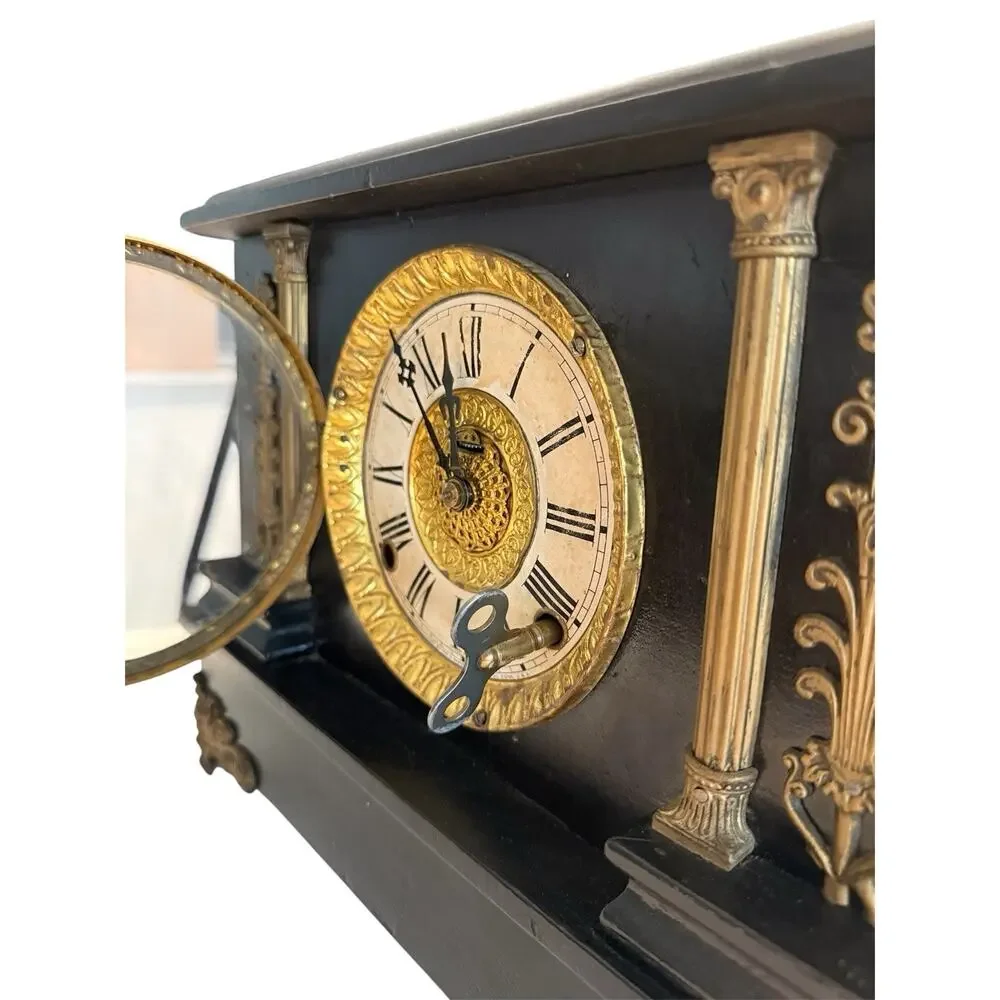 Searcy's Clockhouse Victorian Antique Wall Clock Black Gold Roman Numerals Wood